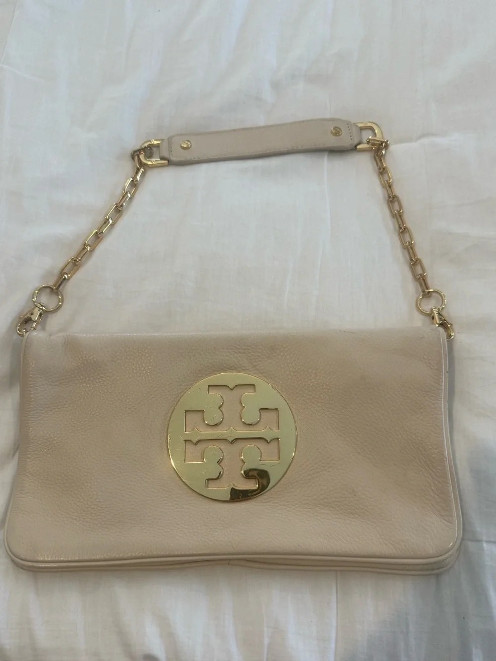 Tory Burch Ivory/Beige Pebbled Leather Shoulder Bag with Gold Logo